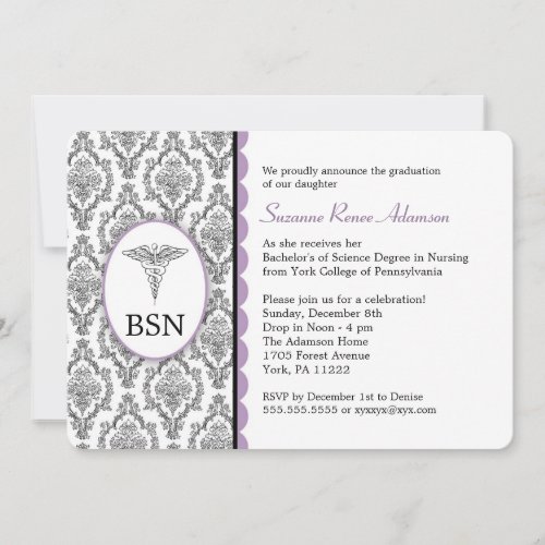 Nurse Graduation BSN RN black lavender damask Invitation