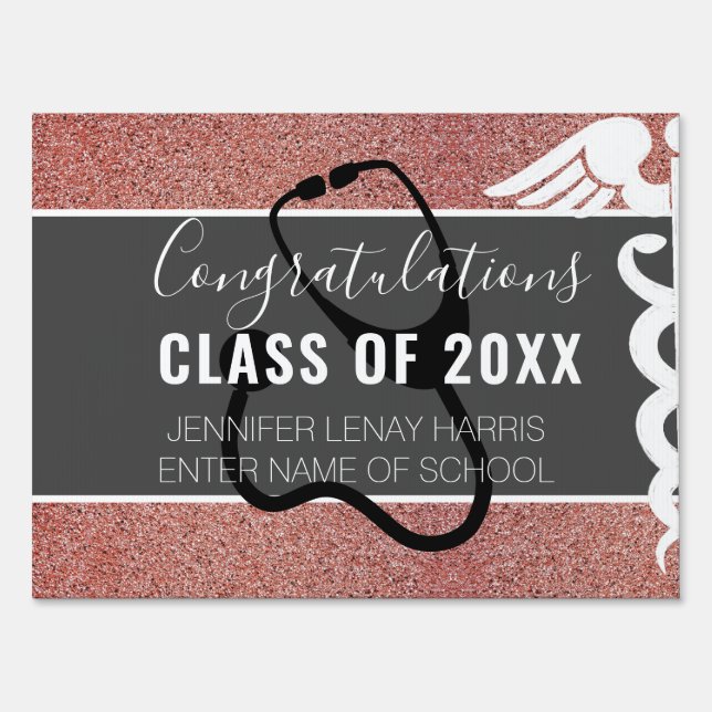 Nurse Graduation Caduceus Rose Gold Glitter Custom Sign (Front)