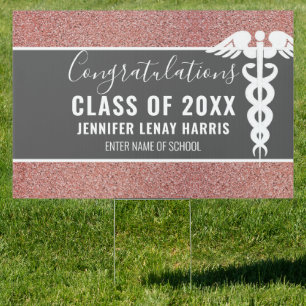 Nurse Graduation Caduceus Rose Gold Glitter Yard Sign