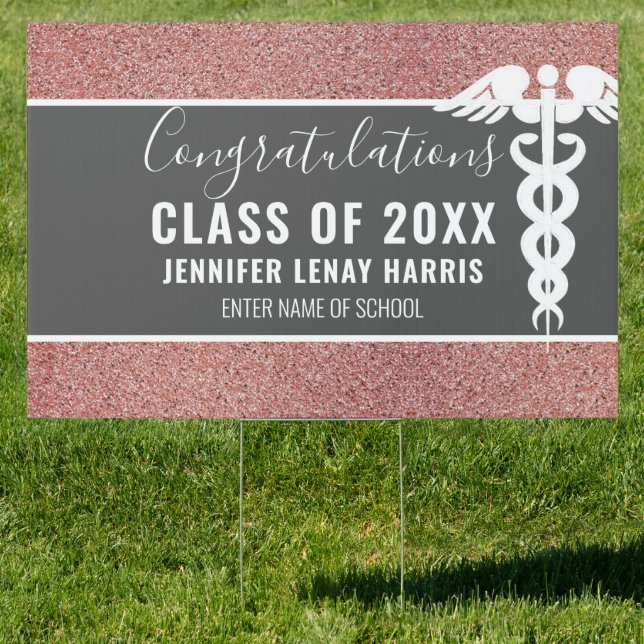 Nurse Graduation Caduceus Rose Gold Glitter Yard Sign (Insitu)