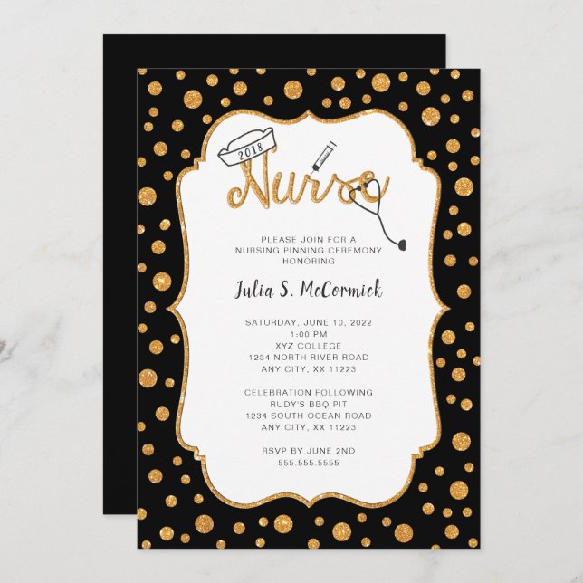 Nurse graduation, faux gold + you change color invitation (Front/Back)
