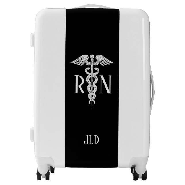 Nurse Graduation Gift | Classy Monogram Caduceus Luggage (Front)