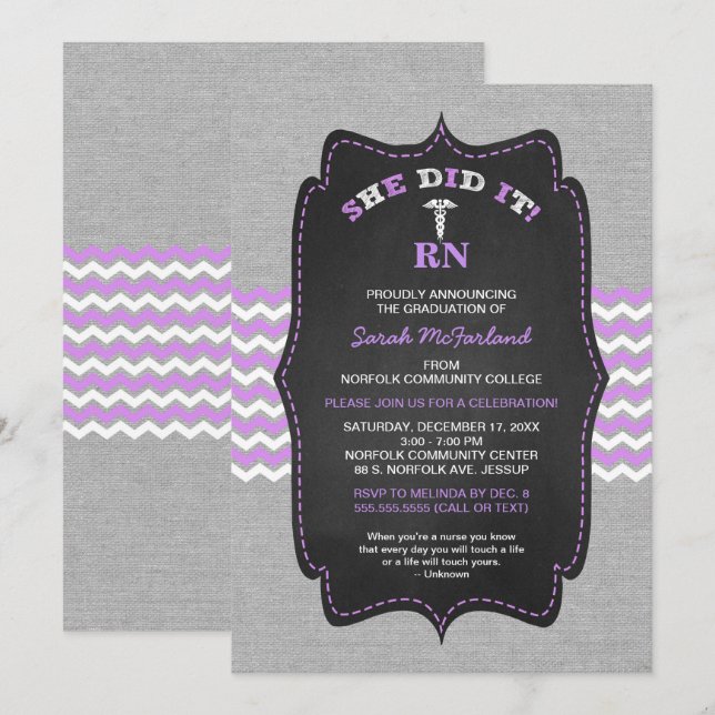 Nurse graduation invites, lavender gray chalkboard invitation (Front/Back)