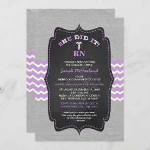 Nurse graduation invites, lavender gray chalkboard invitation