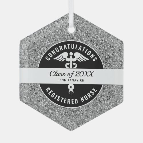 Nurse Graduation Medical Black Silver Glitter Name Glass Ornament