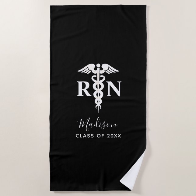 Nurse Graduation Medical Black White Personalized Beach Towel (Front)