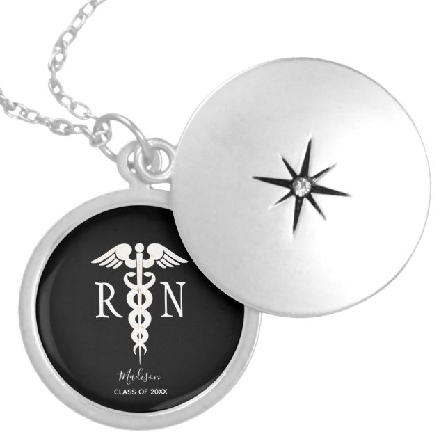 Nurse Graduation Medical Caduceus Personalized Locket Necklace (Front)
