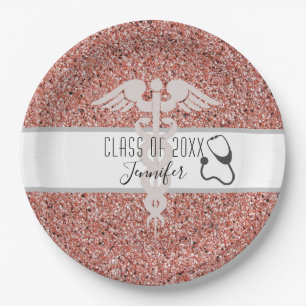 Nurse Graduation Medical Caduceus Pink Glitter Paper Plates