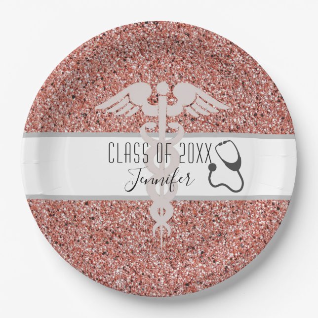 Nurse Graduation Medical Caduceus Pink Glitter Paper Plates (Front)