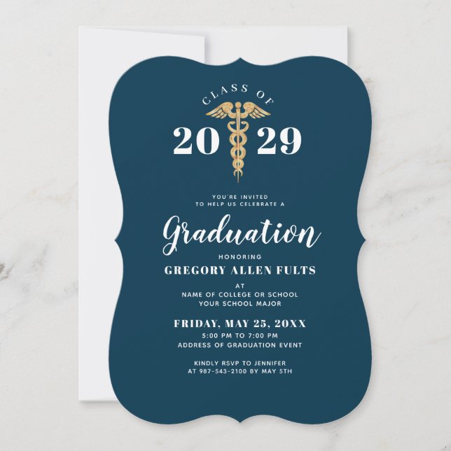 Nurse Graduation Navy Blue And Gold Caduceus Invitation (Front)