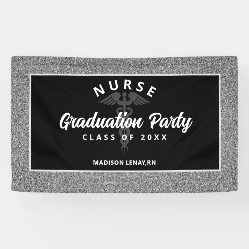 Nurse Graduation Party Black Silver Glitter Name Banner