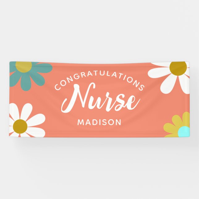 Nurse Graduation Party Boho Retro Floral Name Banner (Horizontal)