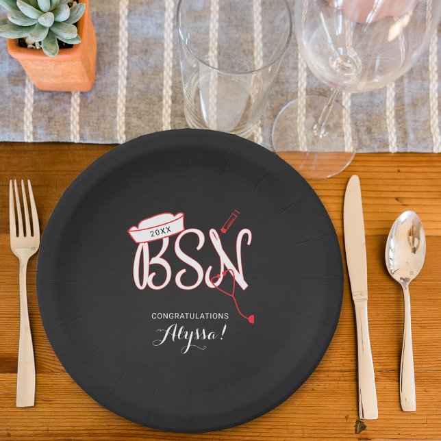 Nurse graduation party, BSN chalkboard red Paper Plates (Creator Uploaded)
