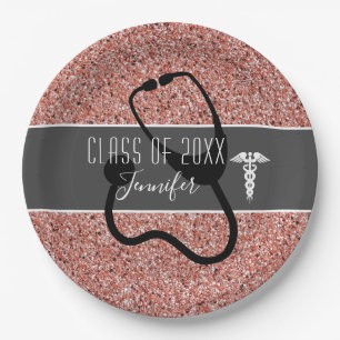 Nurse Graduation Party Caduceus Rose Gold Glitter Paper Plates