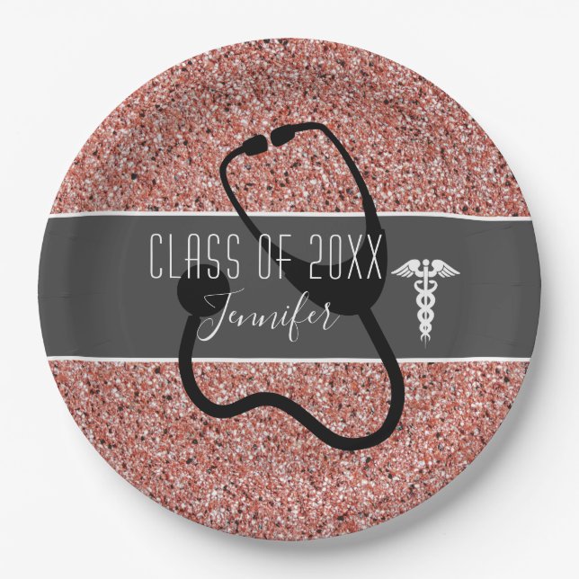 Nurse Graduation Party Caduceus Rose Gold Glitter Paper Plates (Front)