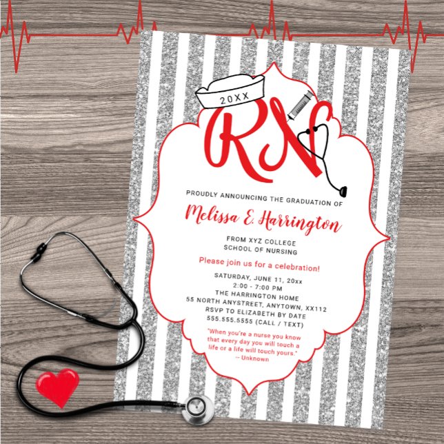 Nurse graduation party invitation, red silver RN Invitation (Creator Uploaded)