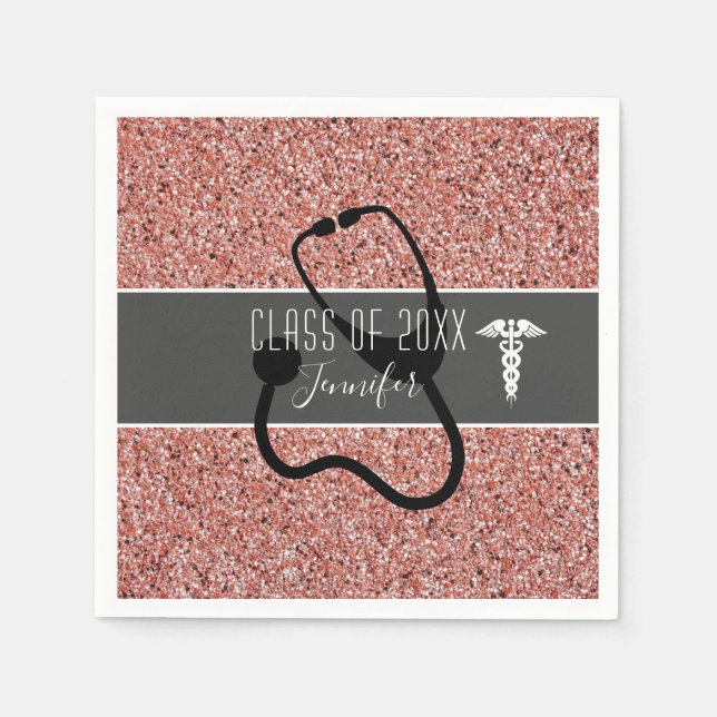 Nurse Graduation Party Medical Rose Gold Glitter Napkins (Front)