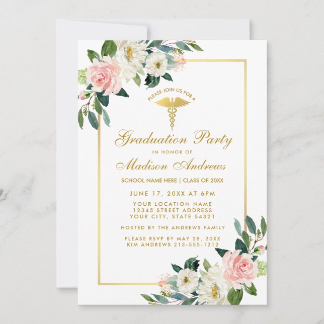 Nurse Graduation Party Pink Floral Gold Invitation (Front)
