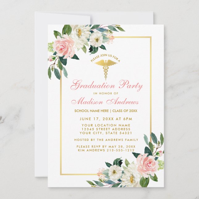 Nurse Graduation Party Pink Floral Gold Invite GP (Front)
