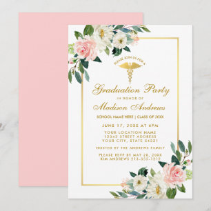 Nurse Graduation Party Pink Floral Gold Invite P