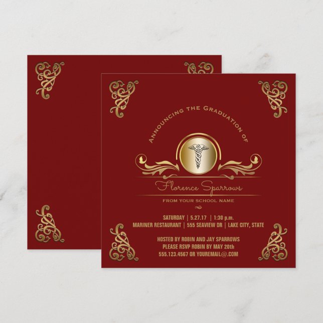 Nurse Graduation Party | Red Gold Pinning Ceremony Invitation (Front/Back)