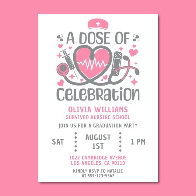Nurse Graduation Party RN Modern Pink & Gray Invitation (Modern pink and gray graduation party invitation)