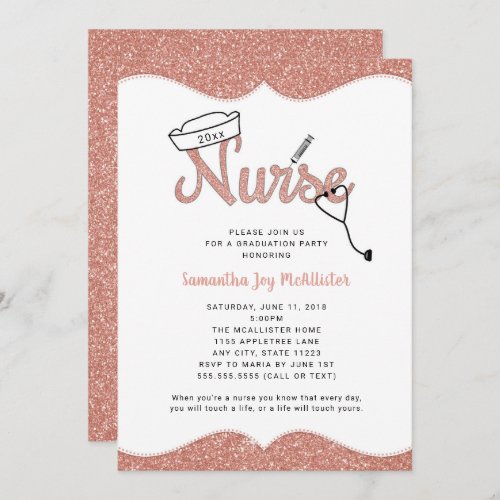 Nurse graduation party rose gold glitter invites