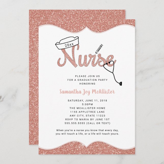 Nurse graduation party, rose gold glitter invites (Front/Back)