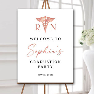Nurse graduation party welcome sign in rose gold,