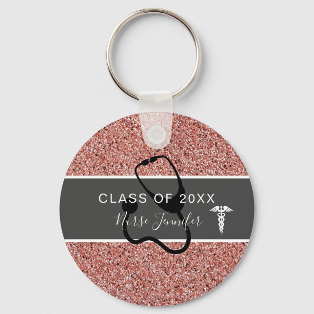 Nurse Graduation Pink Glitter Personalized Name Keychain (Front)