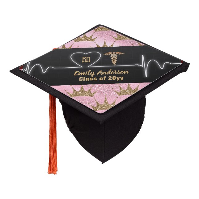 NURSE Graduation Queen Princess Pink Gold Custom Graduation Cap Topper (Angled)