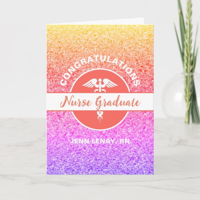 Nurse Graduation Rainbow Glitter Personalized Card (Front)