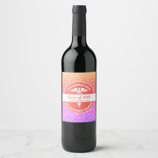 Nurse Graduation Rainbow Glitter Personalized Wine Label (Front)