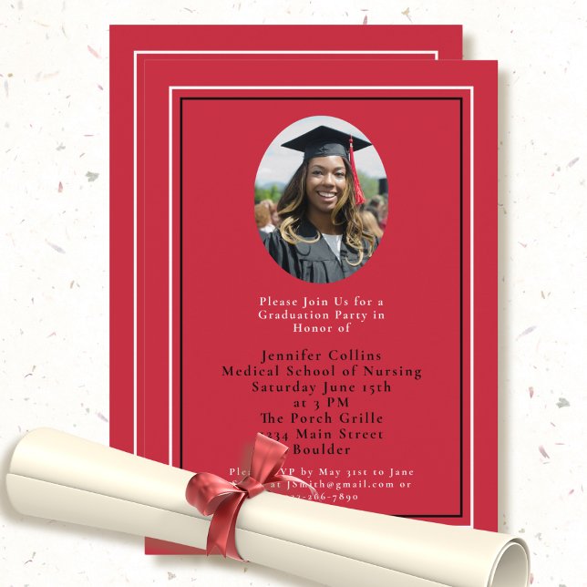 Nurse Graduation Red Black Gold Minimal Photo Invitation (Creator Uploaded)