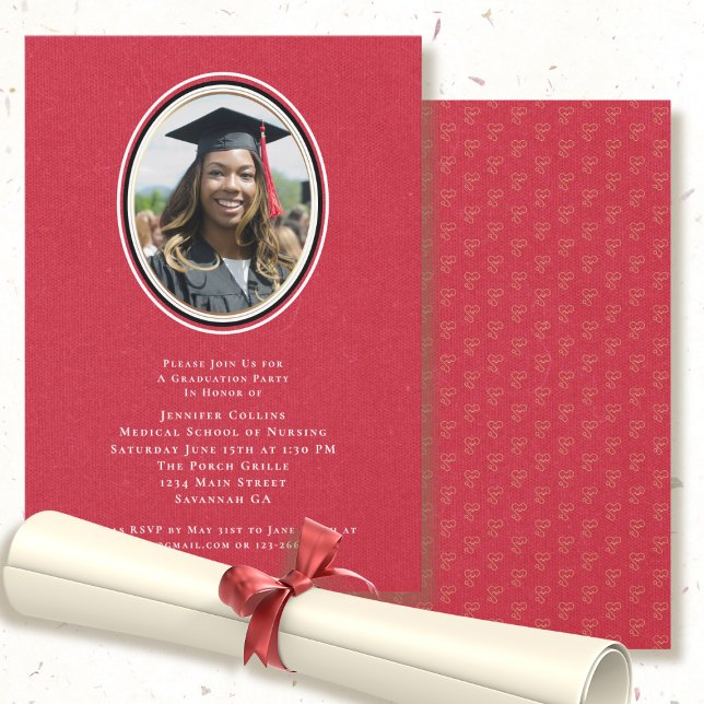 Nurse Graduation Red Simple Gold Frame Stethoscope Invitation (Creator Uploaded)