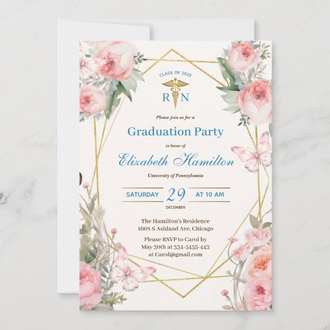 Nurse Graduation RN Nursing Graduate Floral  Invitation (Front)