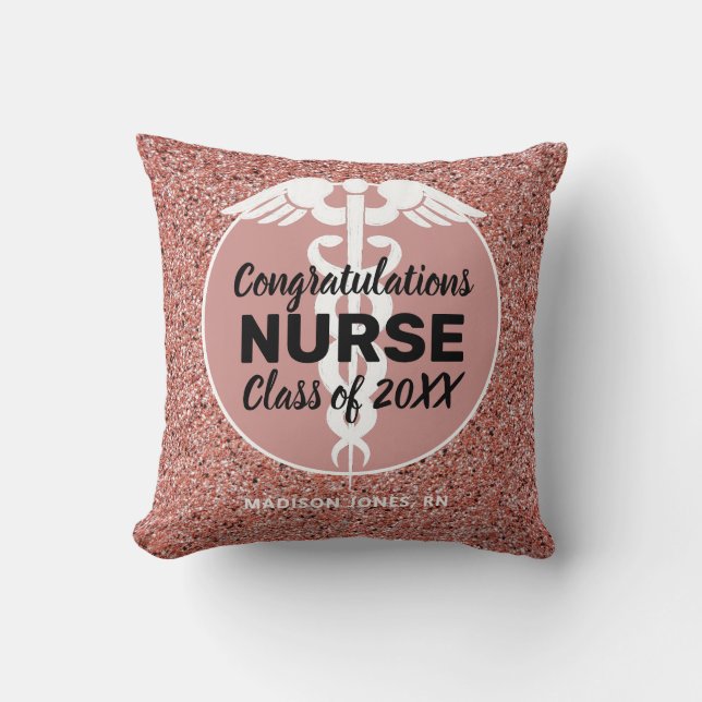 Nurse Graduation Rose Gold Glitter Personalized Throw Pillow (Front)