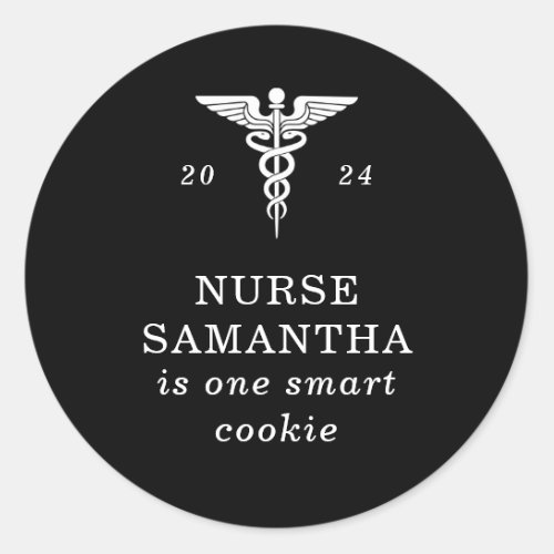 Nurse Graduation Smart Cookie Caduseus Black  Classic Round Sticker