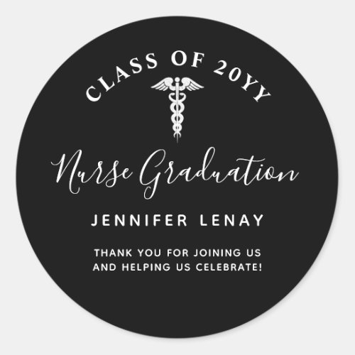 Nurse Graduation Thank You Black White Name Classic Round Sticker