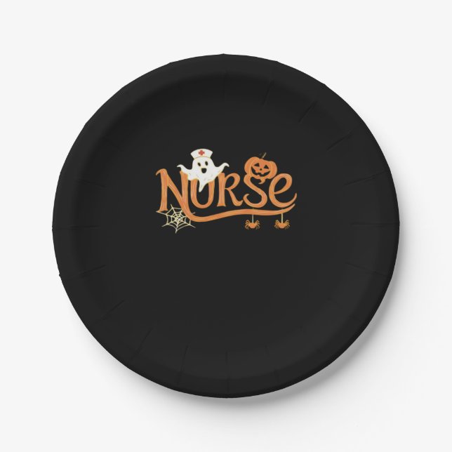 Nurse Halloween Cute Ghost and Pumpkin Essential T Paper Plates (Front)