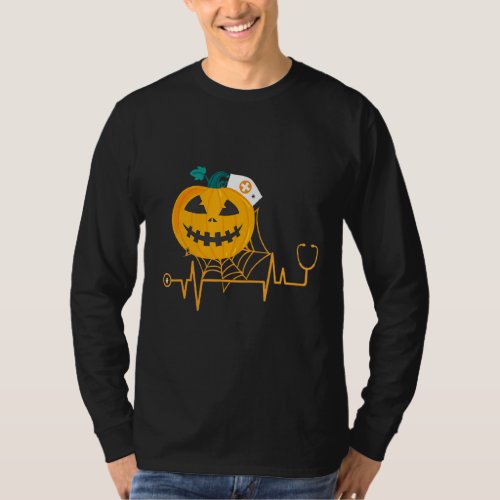 Nurse Halloween For Women With Pumpkin Heart Beat  T_Shirt
