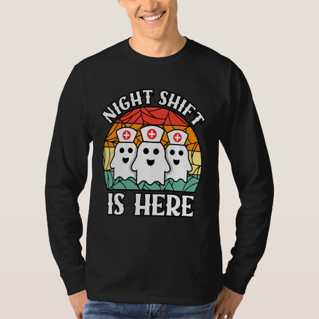 Nurse Halloween Men Women Night Shift Crew Ghost T-Shirt (Front)