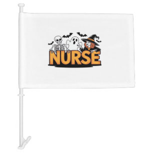Nurse - Halloween - with ghost, witch, and skeleto Car Flag