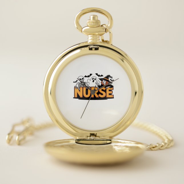 Nurse - Halloween - with ghost, witch, and skeleto Pocket Watch (Inside)