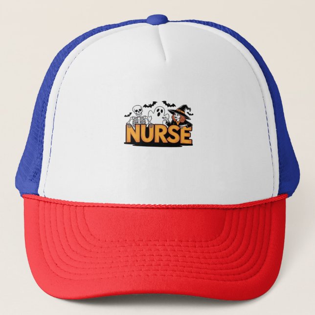 Nurse - Halloween - with ghost, witch, and skeleto Trucker Hat (Front)