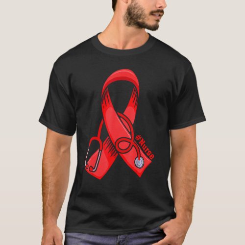 Nurse Heart Disease Awareness Red Ribbon Nursing R T_Shirt