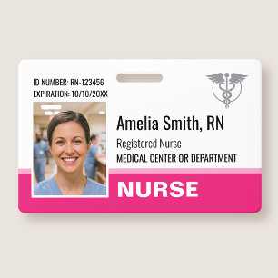 Nurse ID Badge Photo Logo Modern Pink RN Template