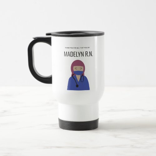 Nurse illustration Blue scrub and HIjab Thank you Travel Mug