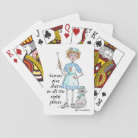 Nurse in blue with her worried poodle playing cards