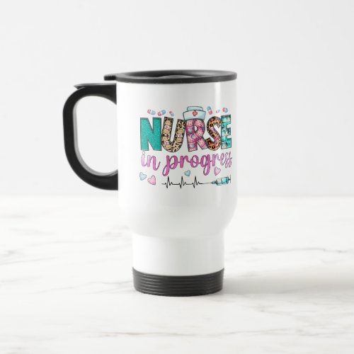 Nurse in Progress Cute Blue and Pink Cheetah Print Travel Mug